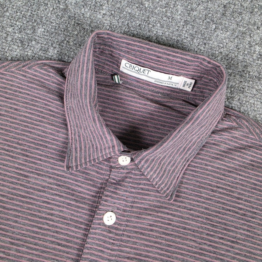 Criquet Polo Shirt Mens M Purple Grey Striped Pima Cotton Stretch Short Sleeve
